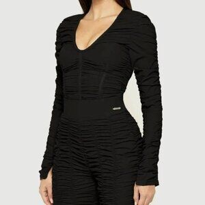 Ruched Long Sleeve Bodysuit from Maniere De Voir - Black, US 4